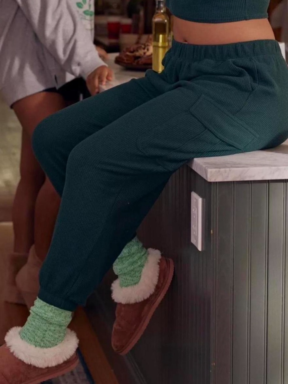 Aerie Waffle Joggers Cargo Style Green Size Medium Loungewear Cozy - Picture 7 of 7